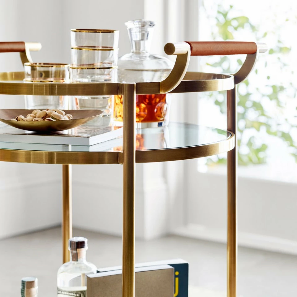 Truman Round Bar Cart, Antique Brass, Saddle Leather - Image 13