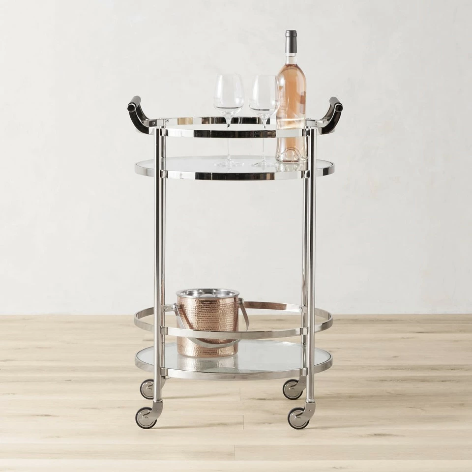 Truman Round Bar Cart, Antique Brass, Saddle Leather